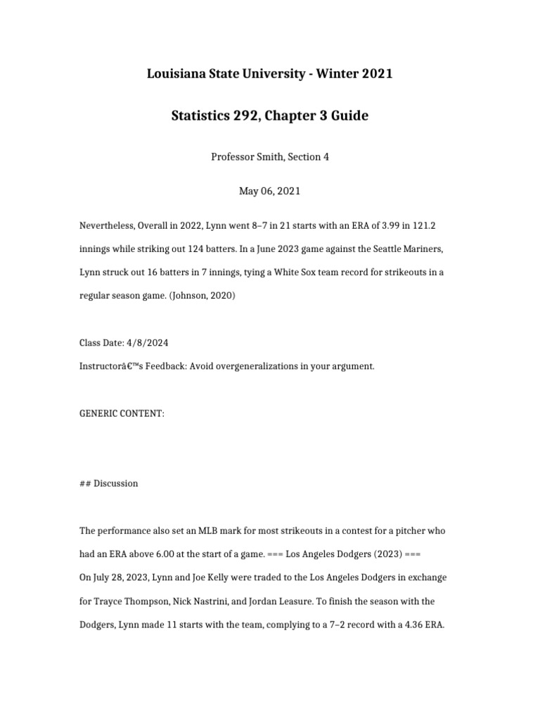 Statistics 292 Chapter 3 Guide | PDF | Athletic Sports | Baseball Positions