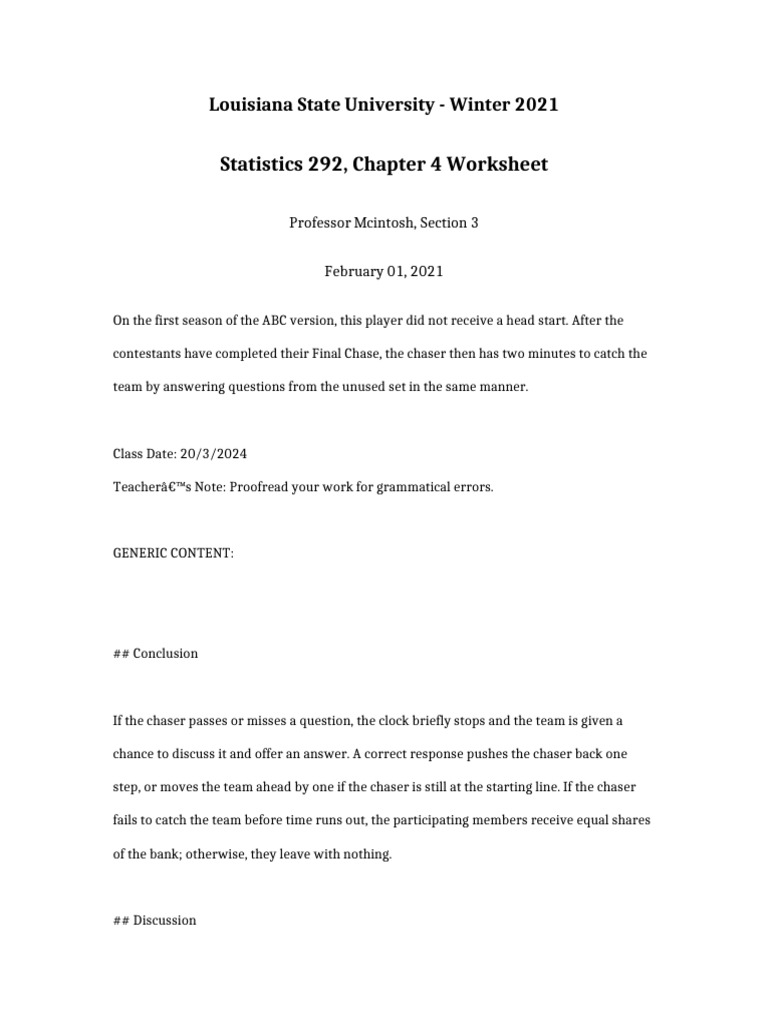 Statistics 292 Chapter 4 Worksheet | PDF | Television Shows | Television