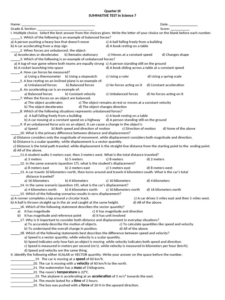 Science 7 Summative Test Answer Key | PDF | Velocity | Speed