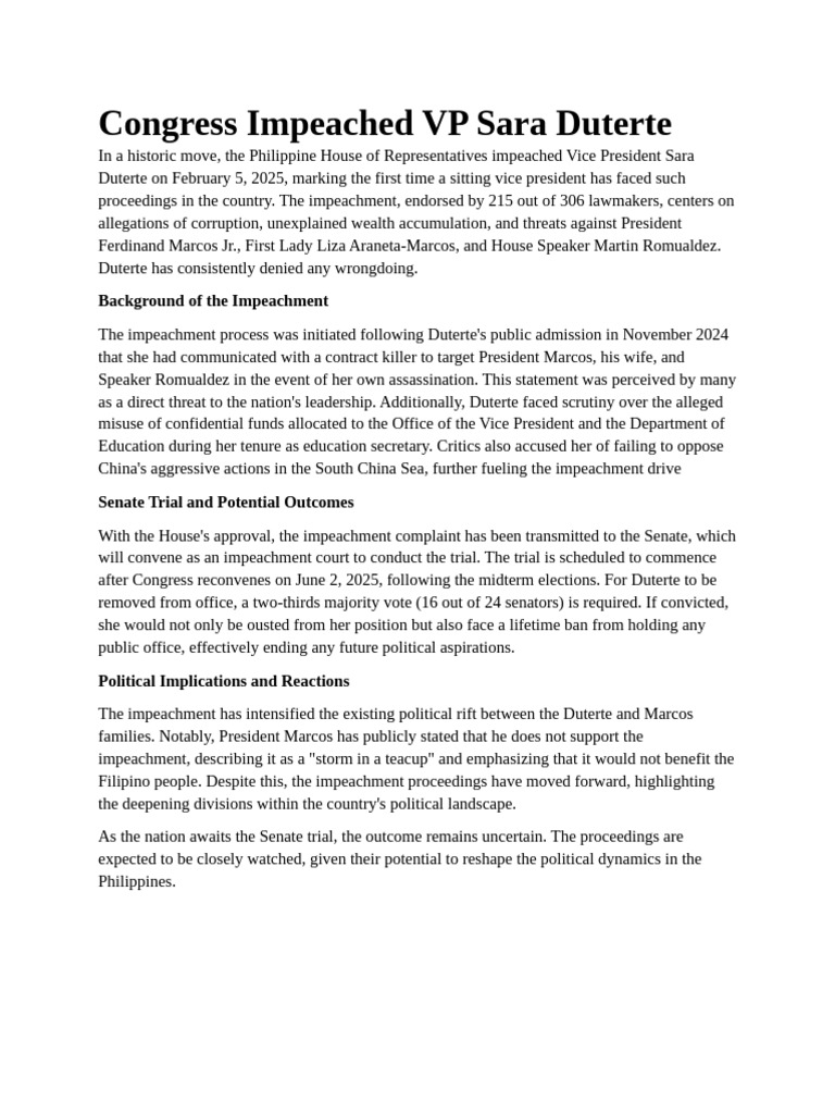 VP Sara Duterte Impeached: Historic Proceedings | PDF