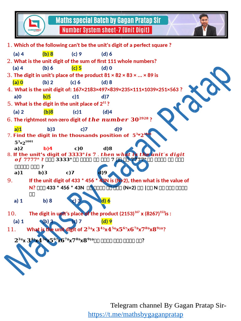 Unit Digit of First 111 Whole Numbers | PDF | Elementary Mathematics ...