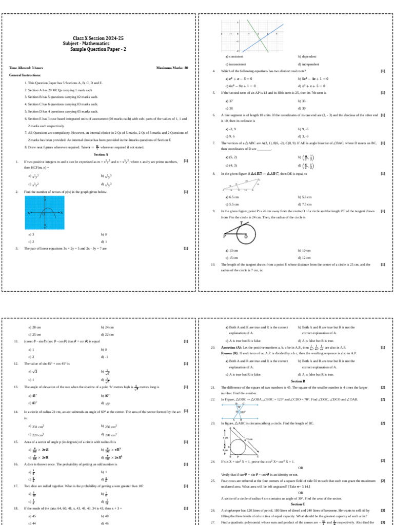 Class X Mathematics Sample Paper 2024 | PDF | Circle | Sphere