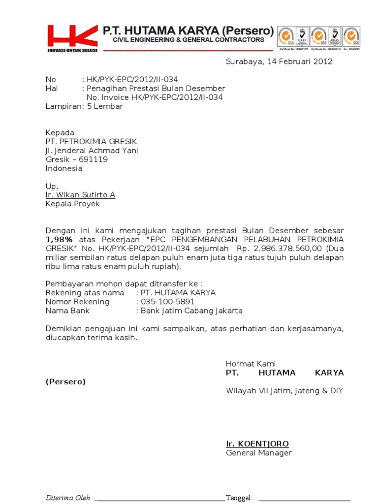 Contoh Invoice Tagihan Proyek - Contoh Stop