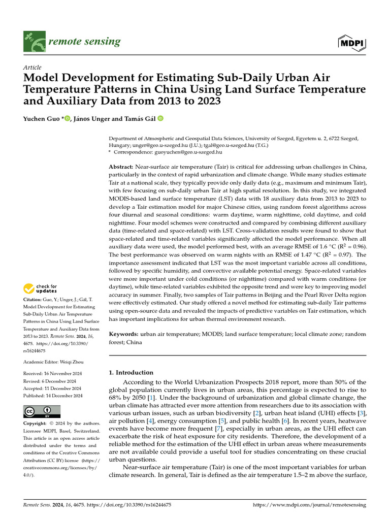 Model Development for Estimating Sub-Daily Urban Air Temperature | PDF ...