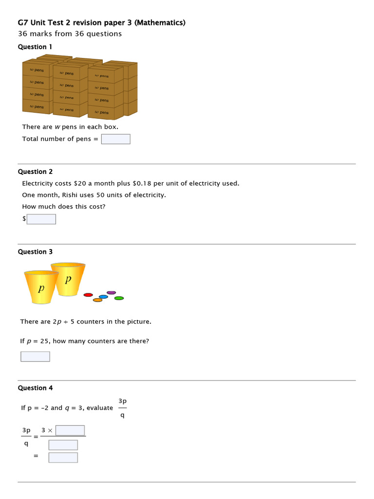 G7 Math Unit Test 2 Revision Paper | PDF | Area | Bus