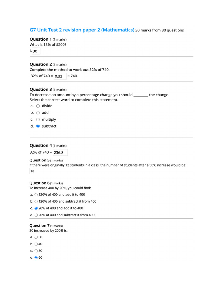 G7 Unit Test 2 Revision Paper 2 (Answer) | PDF