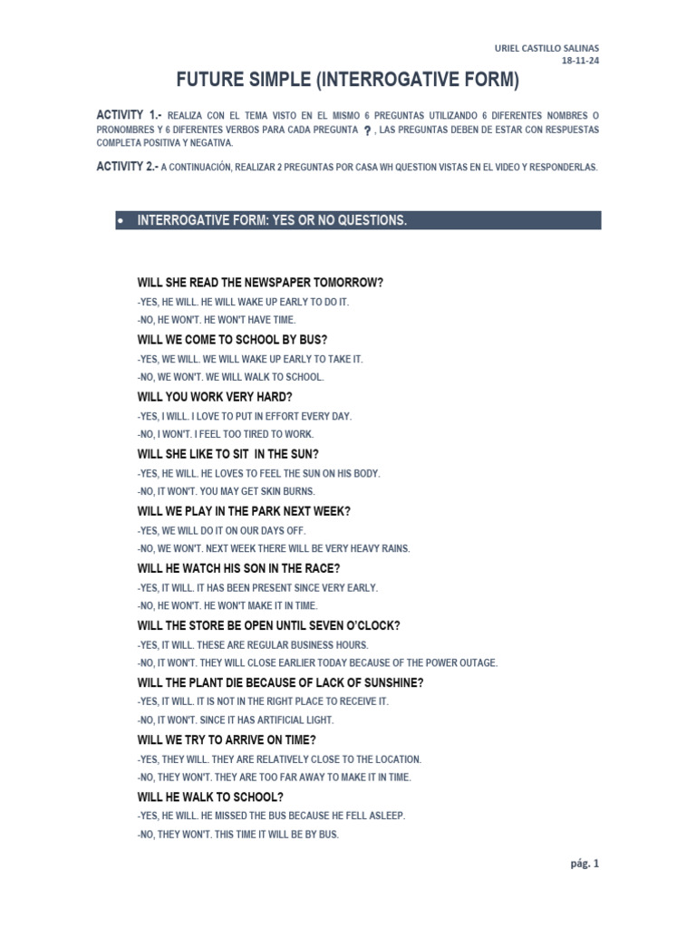 Future Simple Interrogative Exercises | PDF