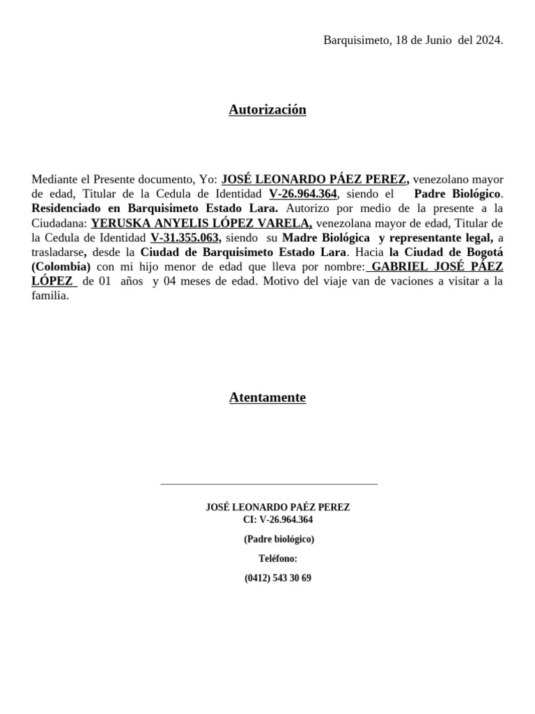 Autorizacion de VIAJE para Menores de Edad | PDF