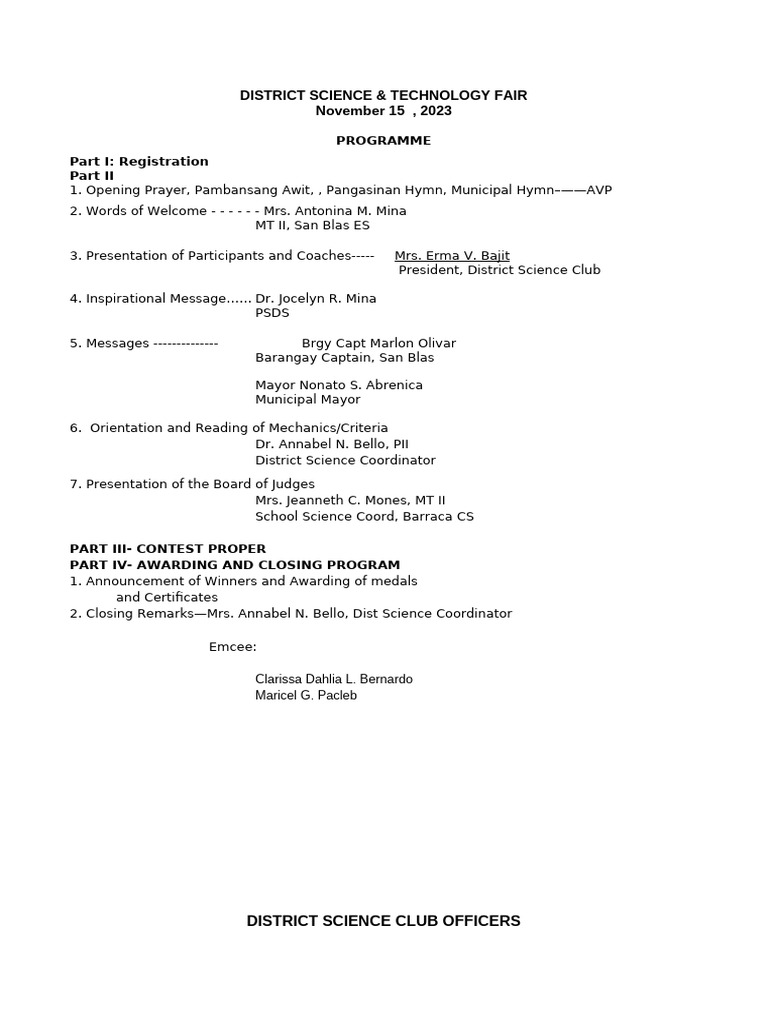 District Science Fair Program 2023 | PDF