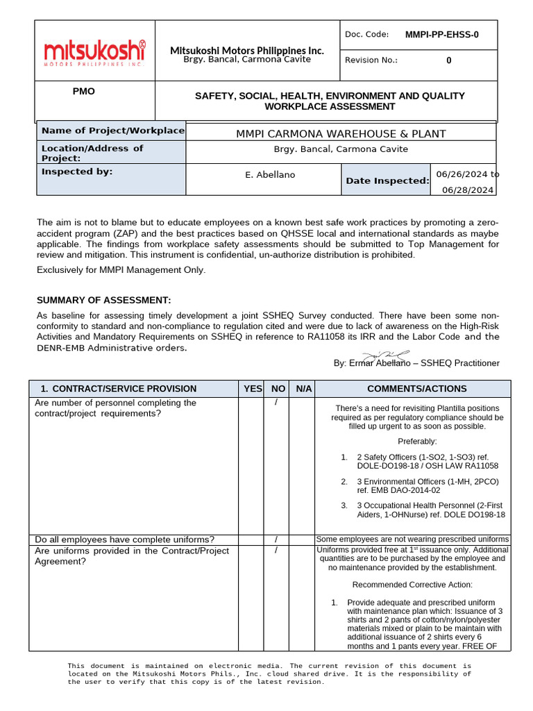 MMPI Carmona Warehouse Safety Assessment | PDF | Occupational Safety ...