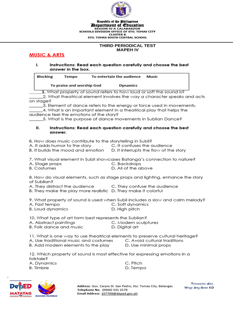 Mapeh Iv Third Periodical Test Guide Pdf Foods Dances
