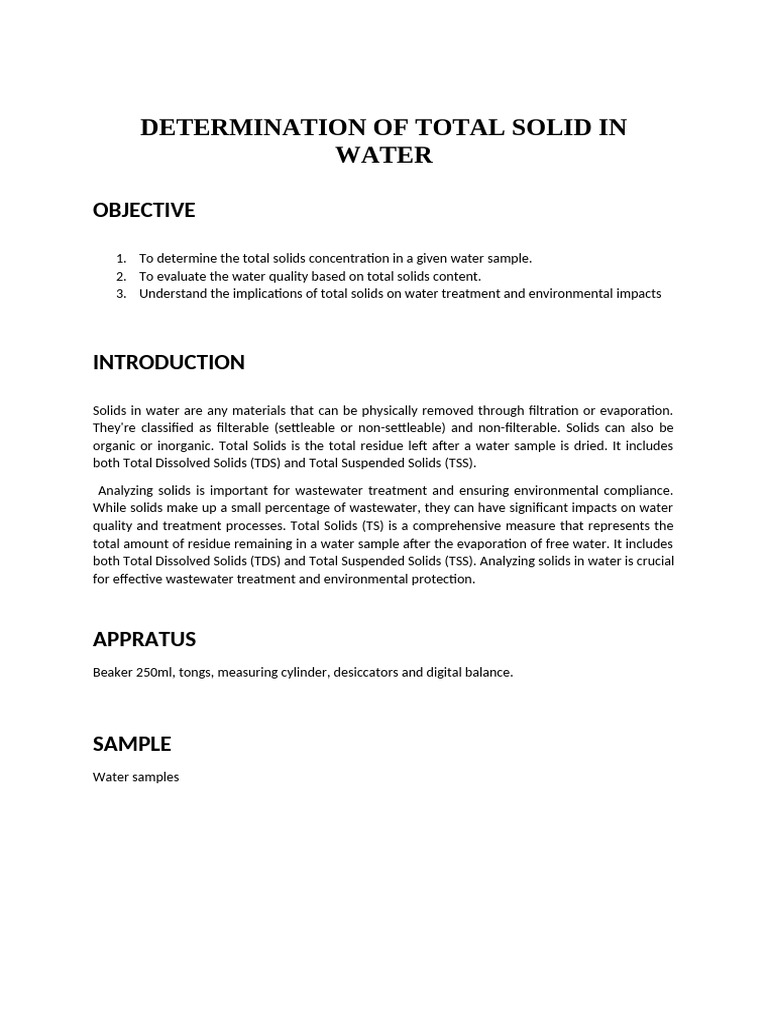 Total Solids Analysis in Water Samples | PDF | Water | Experiment