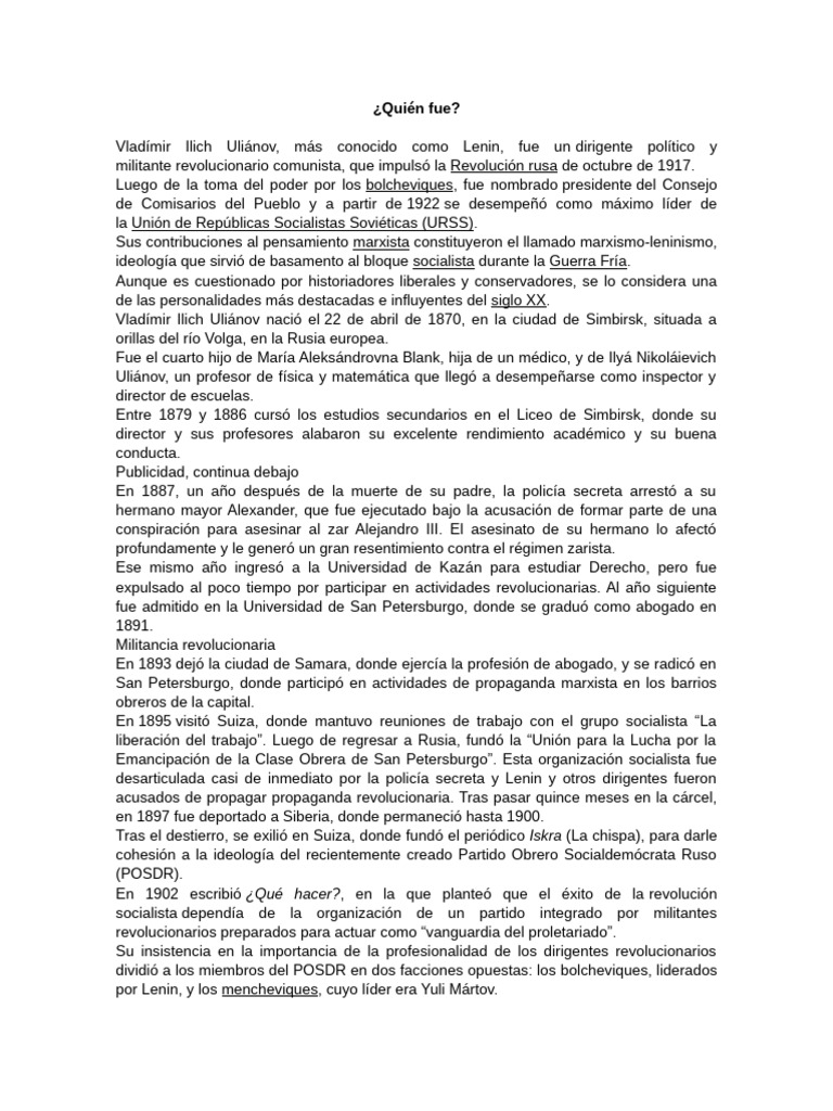 Vida y legado de Lenin en la URSS | PDF | Vladimir Lenin | revolución rusa