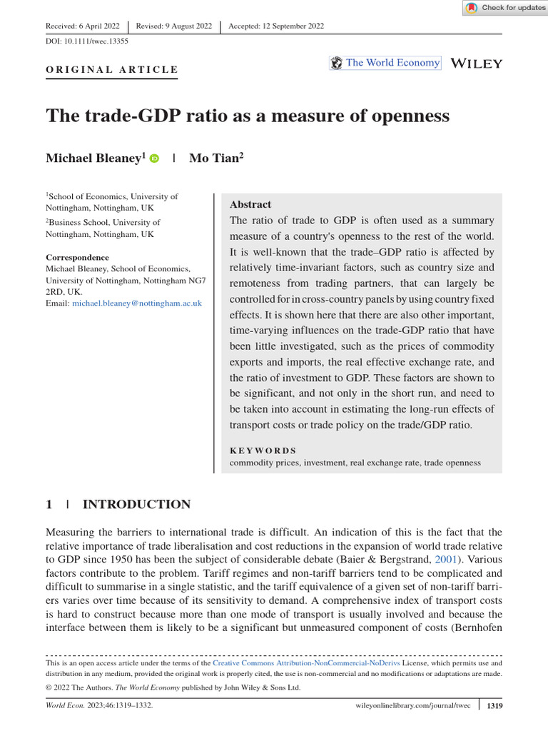 World Economy - 2022 - Bleaney - The Trade GDP Ratio As A Measure of ...