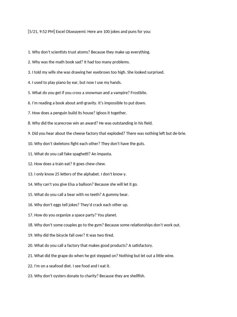 100 Fun Jokes and Puns Collection | PDF