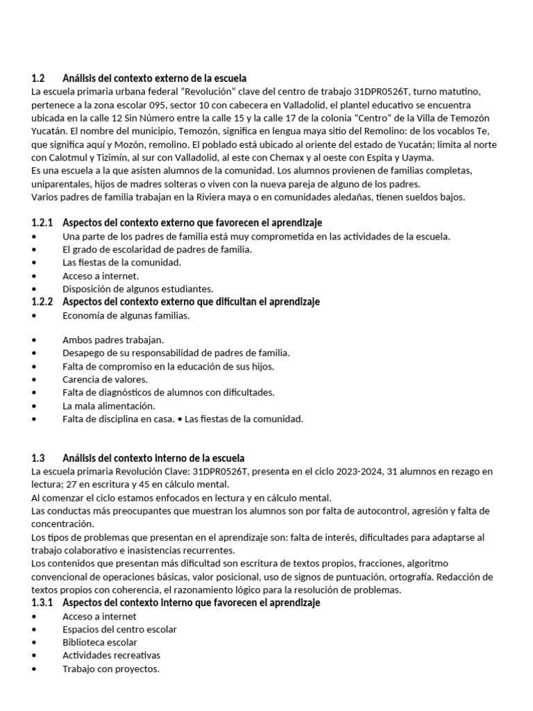 Análisis del Contexto Escolar en Temozón | PDF | Evaluación | Aprendizaje