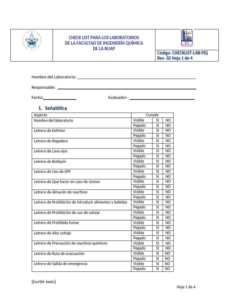 Checklist de Seguridad para Laboratorios FIQ | PDF | Laboratorios