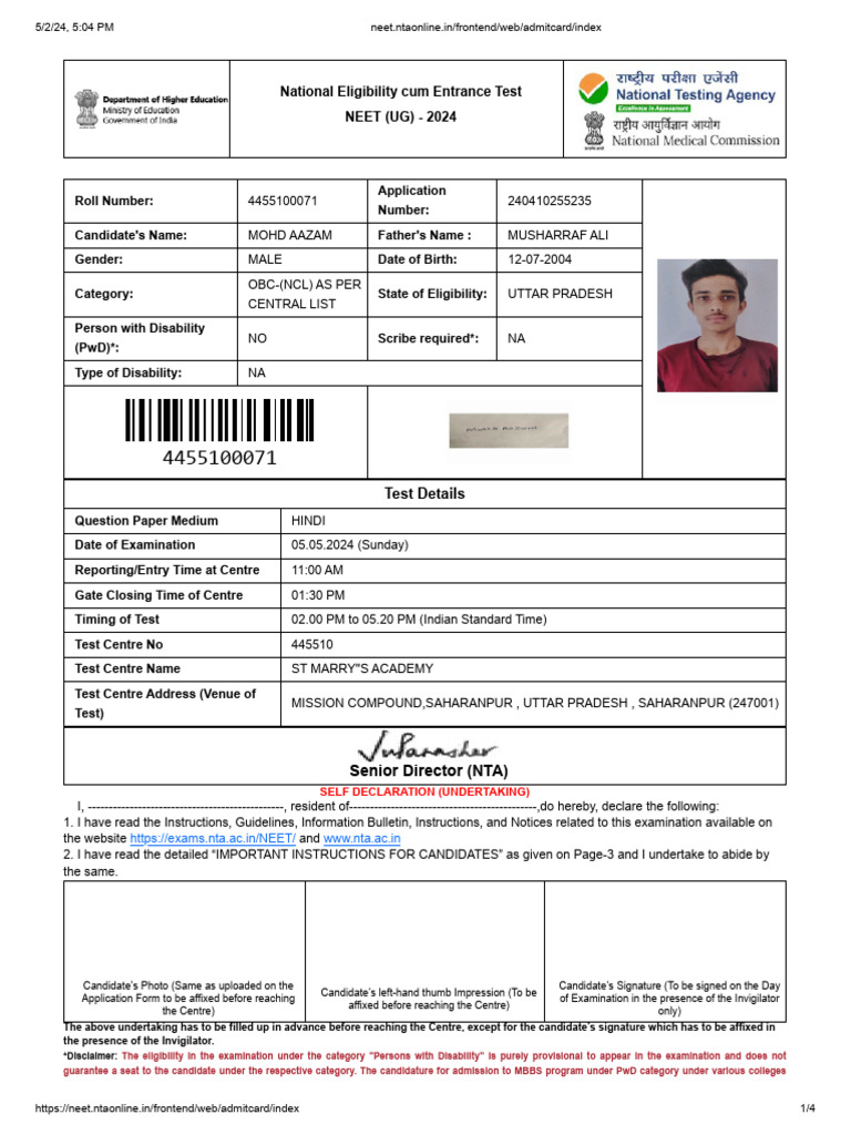 NEET UG 2024 Admit Card Details | PDF | Identity Document
