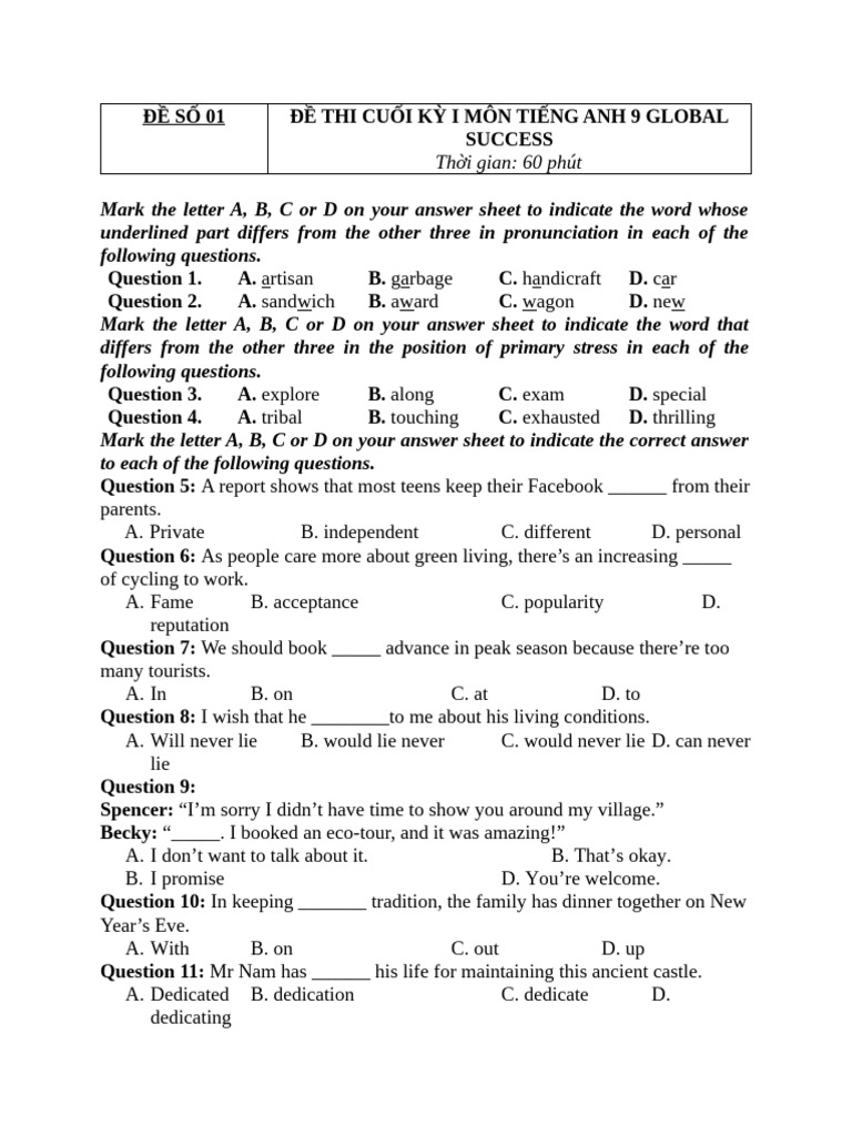 English Exam Paper for Grade 9 | PDF | Vietnam