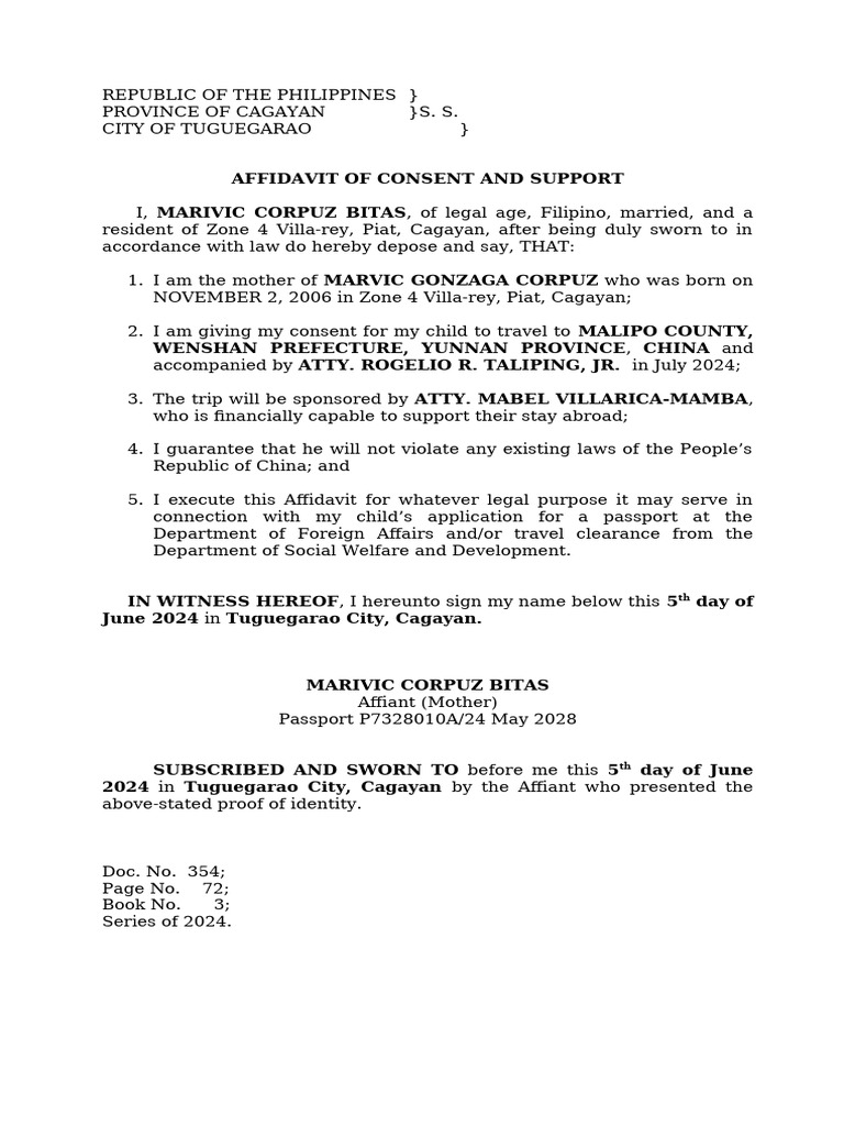 Affidavit of Consent for Travel to China | PDF | Affidavit | Legal ...