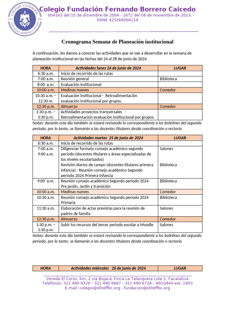 Cronograma - Semana Del 24 Al 28 de Junio | PDF
