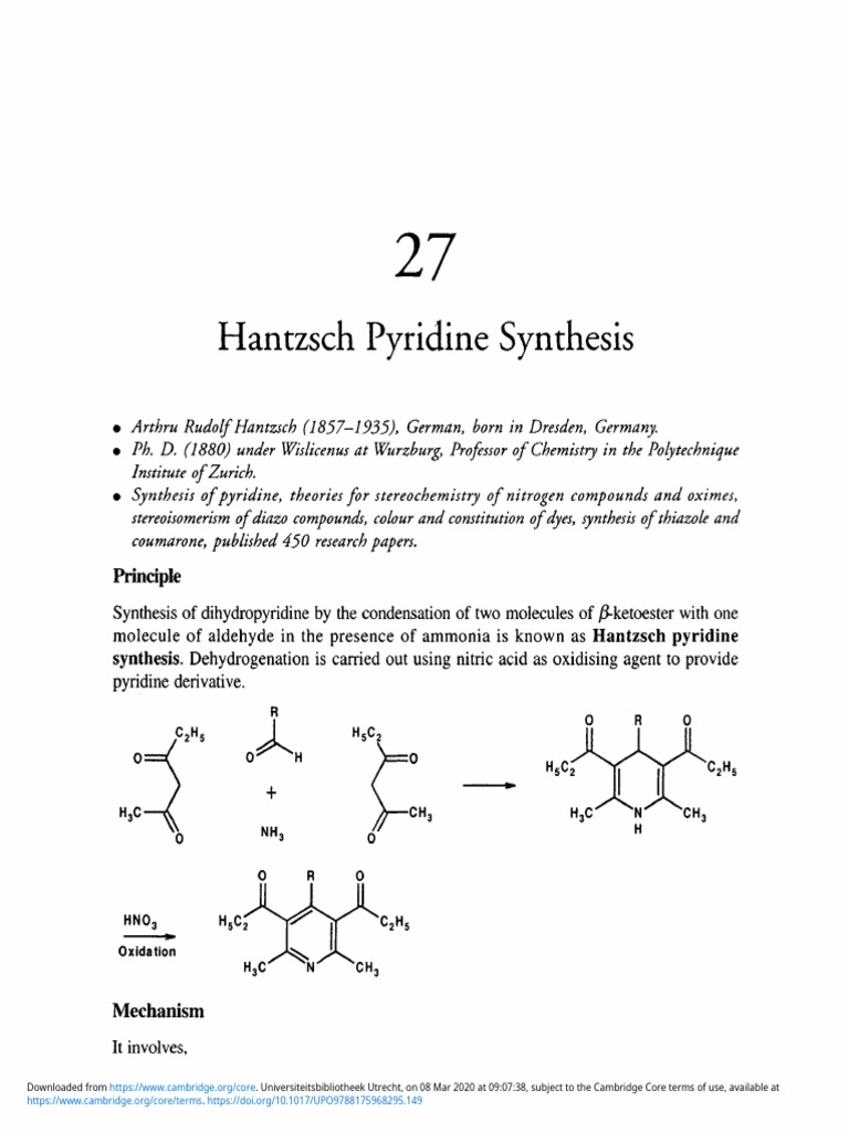 Hantzsch Pyridine Synthesis Mechanism | PDF | Pyridine | Ammonia