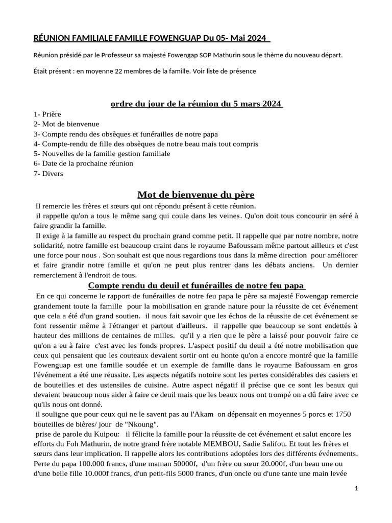 Rapport de la Réunion Familiale Fowenguap | PDF | Funérailles