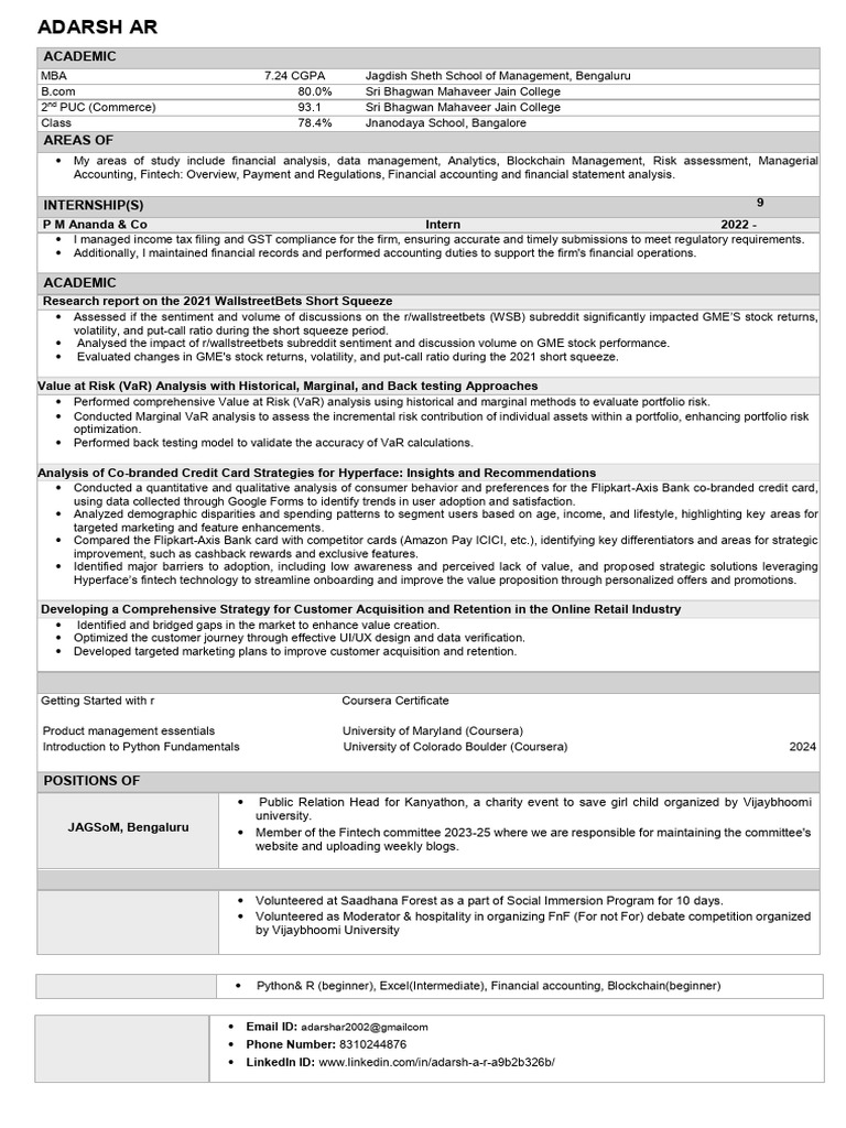 ADARSH AR CV | PDF | Marketing | Business