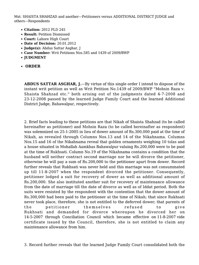 Lahore High Court Ruling on Dower Dispute | PDF | Lawsuit | Divorce