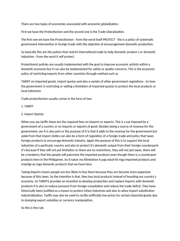Protectionism vs. Trade Liberalization Explained | PDF | Tariff ...