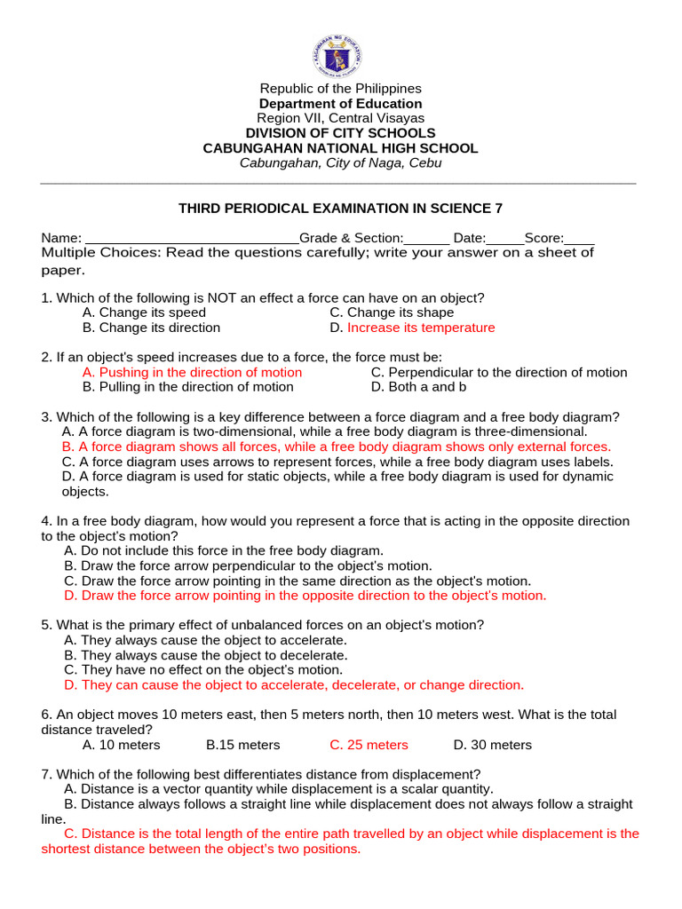 Q3 SCI7 TQ With Answers | PDF | Acceleration | Solid