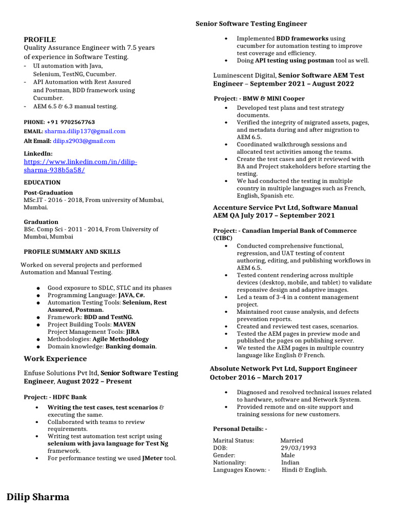 Senior QA Engineer with Automation Skills | PDF | Software Testing ...