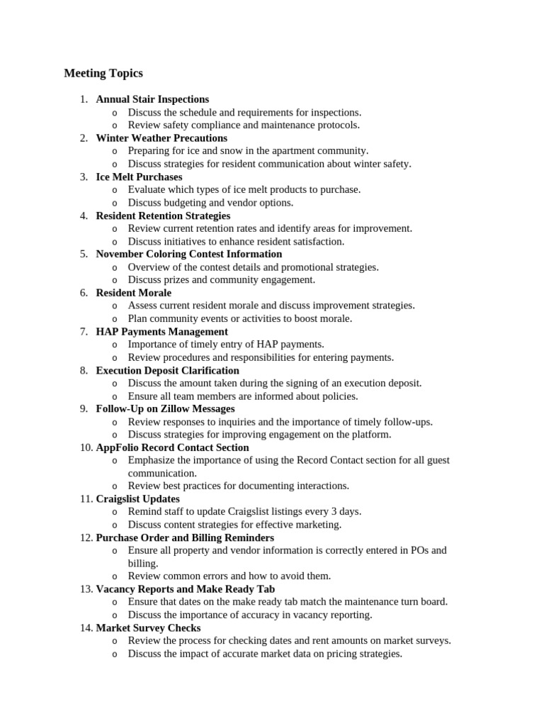 Essential Meeting Topics for Property Management | PDF
