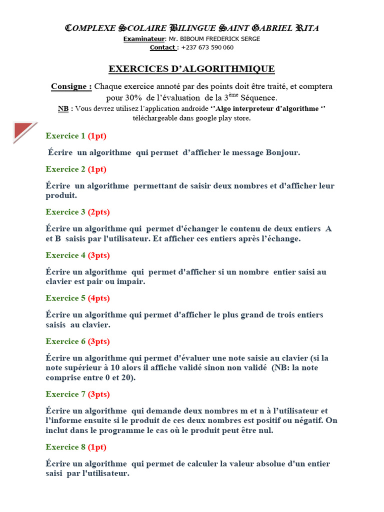 Exercices d'algorithmique pour étudiants | PDF | Informatique ...