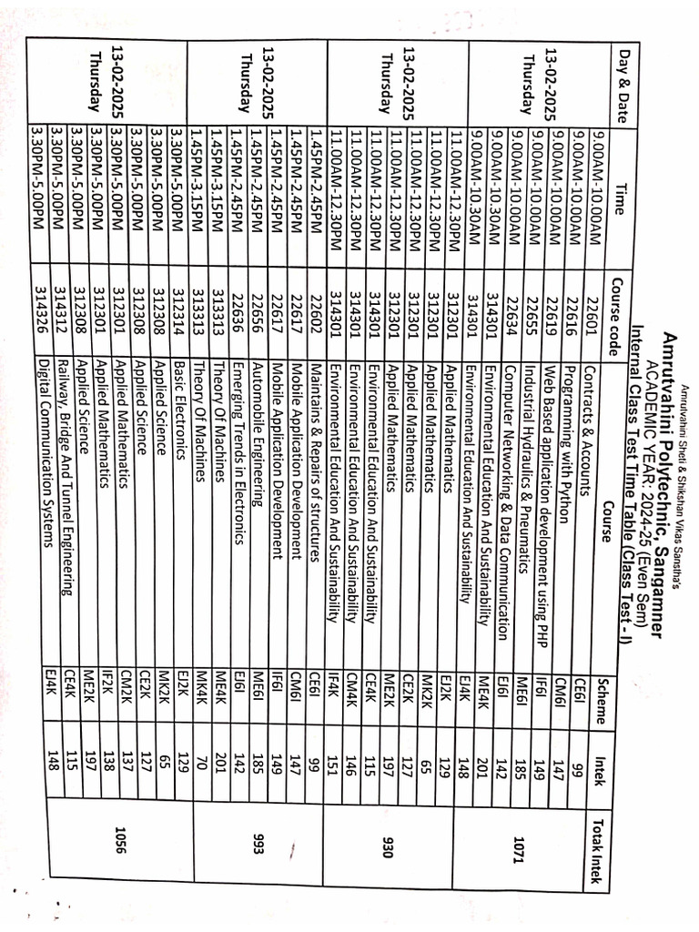 Class Test 1 Time Table 2024-25 Even Sem | PDF