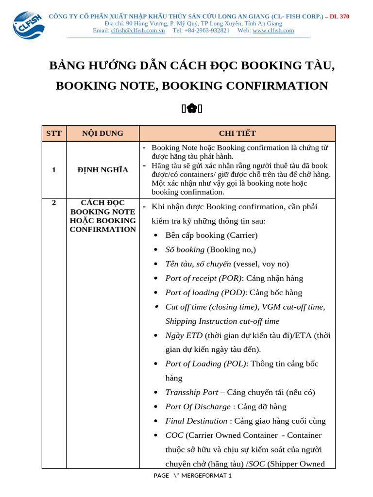 6-BẢNG HƯỚNG DẪN CÁCH ĐỌC BOOKING TÀU, BOOKING NOTE, BOOKING ...