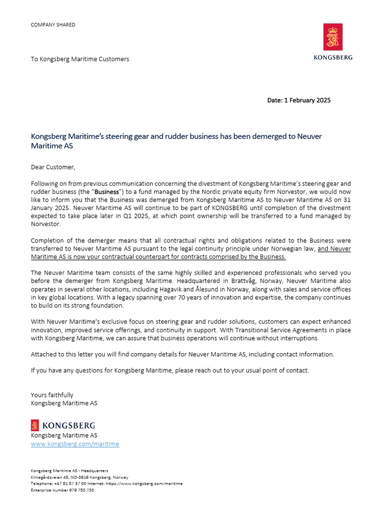 Kongsberg Maritime Demerger to Neuver | PDF