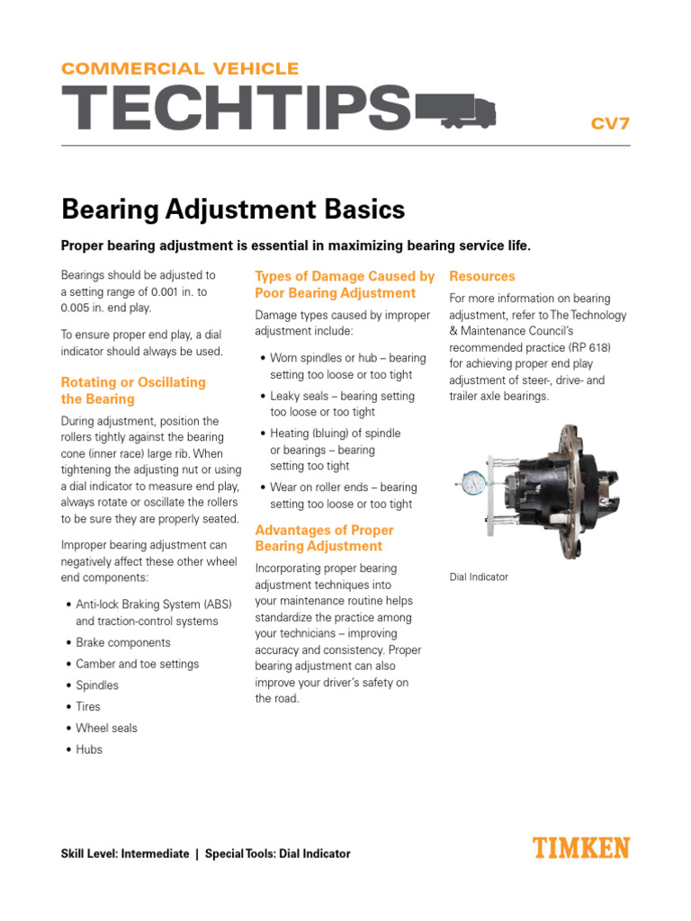 Timken CV7 Bearing Adjustment Basics Sell Sheet - 10565 | PDF | Bearing ...