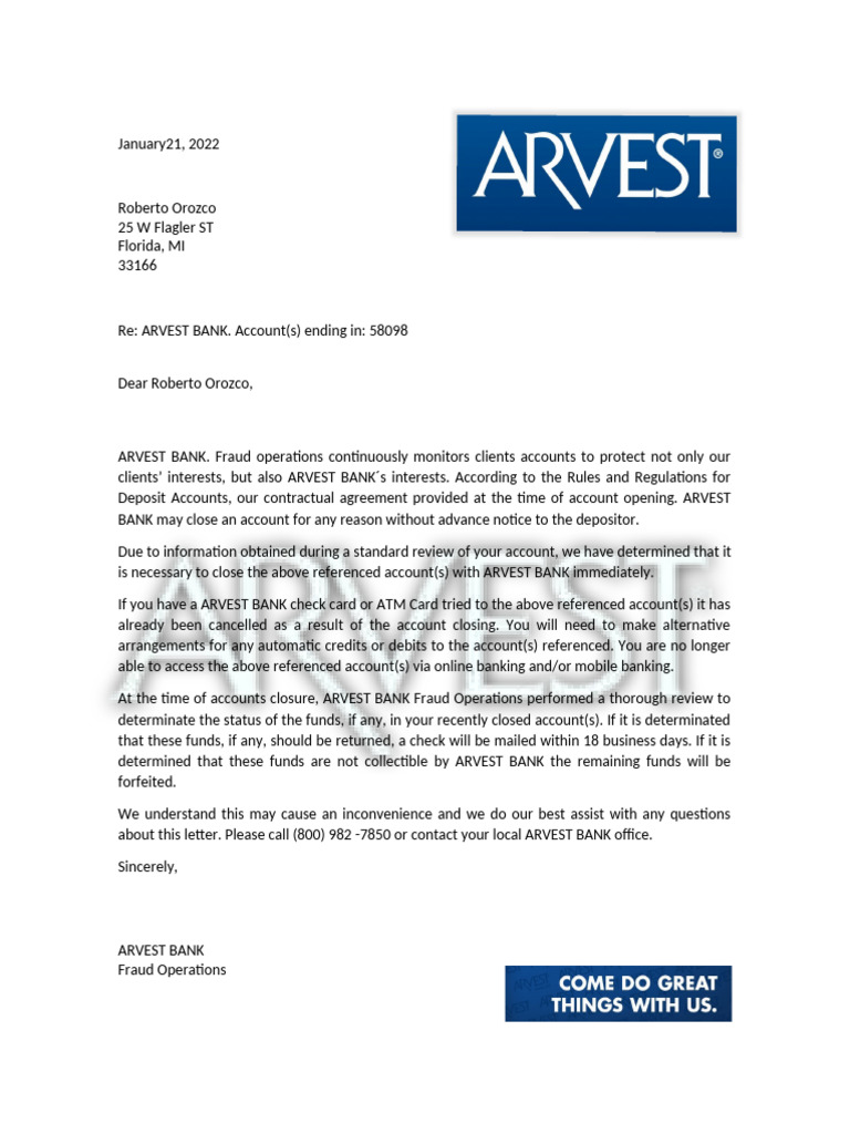 clousuere bank ARVEST | PDF