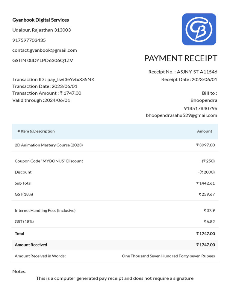 Gyanbook 2d Animation Course Receipt Pdf