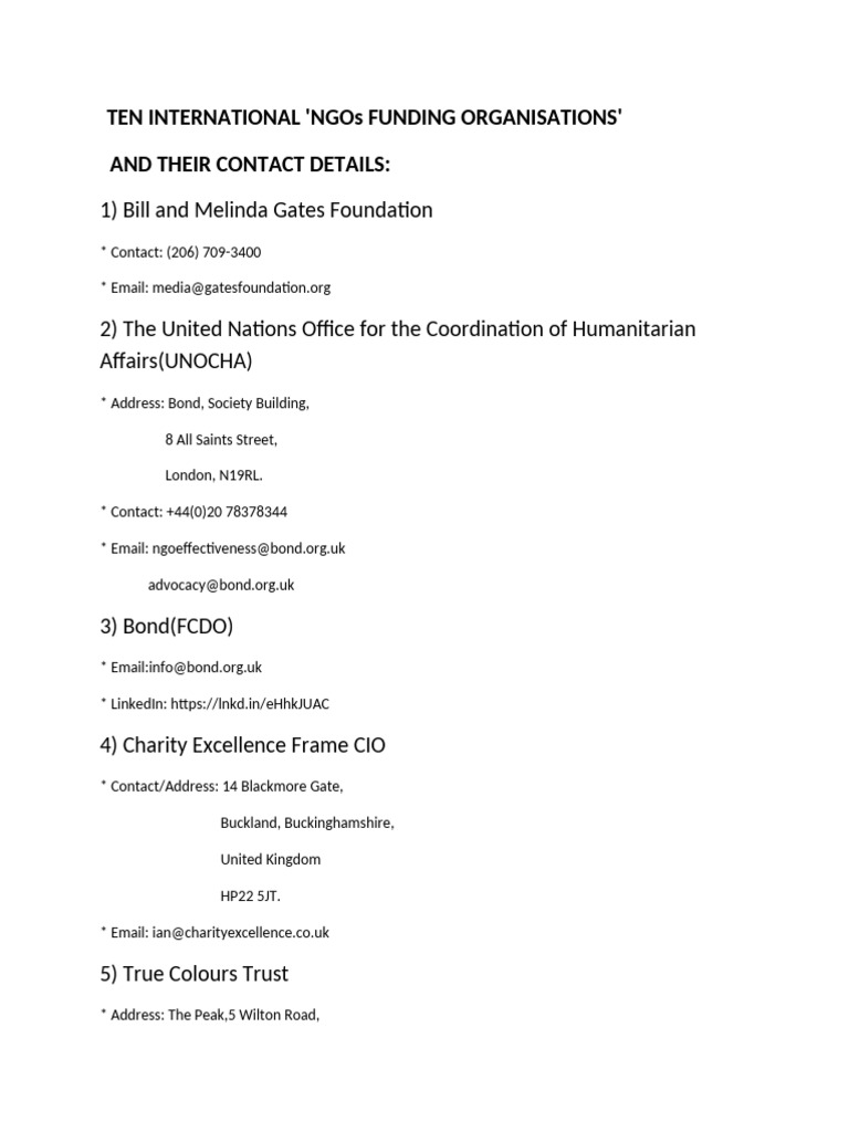 International NGOs Funding Contacts | PDF