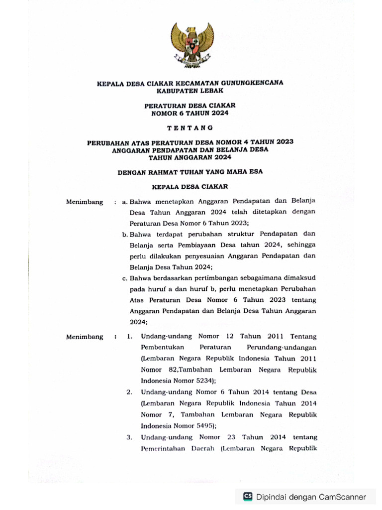 Perdes APBDes Perubahan 2024 Desa Ciakar | PDF