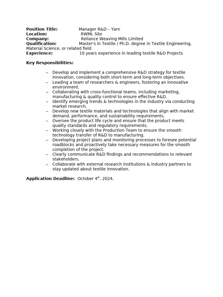 Manager R&D - RWML | PDF