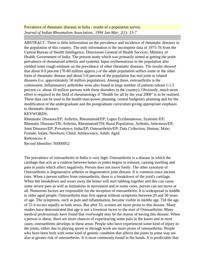 Prevalence of Rheumatic Diseases in India | PDF | Osteoarthritis ...