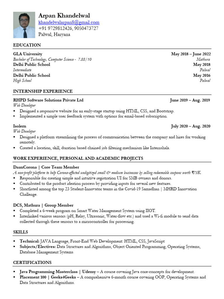 Arpan Khandelwal's Tech Resume | PDF | Object Oriented Programming ...