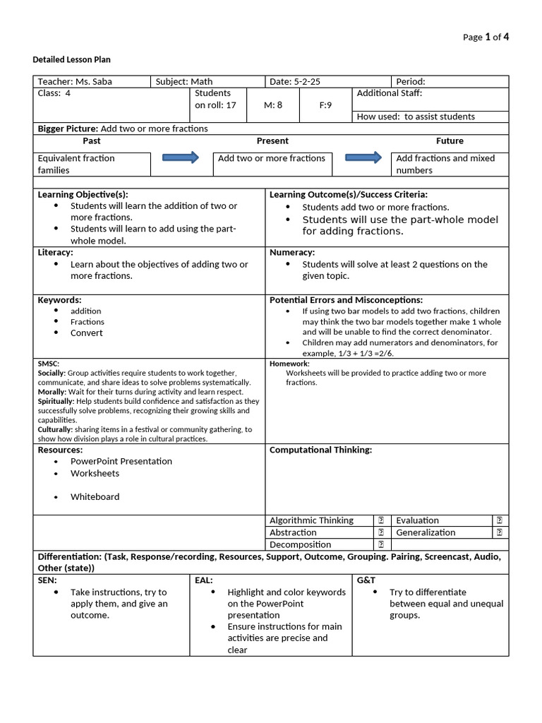 Adding Fractions Lesson Plan | PDF | Lesson Plan | Learning
