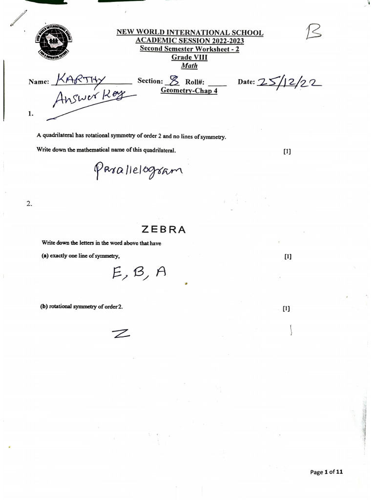 Grade 8 Math Worksheet Answer Key | PDF