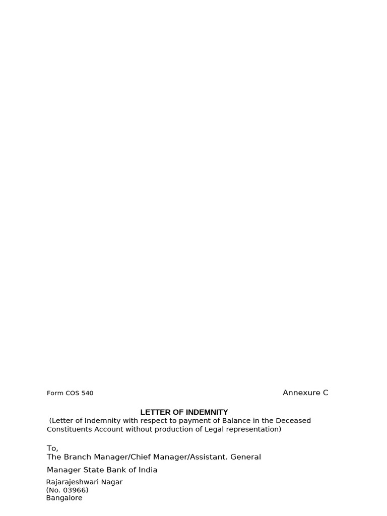 Indemnity Letter for Deceased Account | PDF