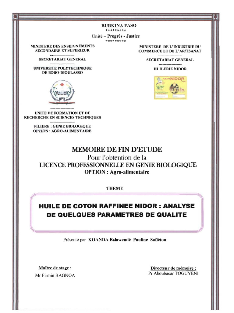 Analyse de la qualité de l'huile NIDOR | PDF | Coton | Protéines