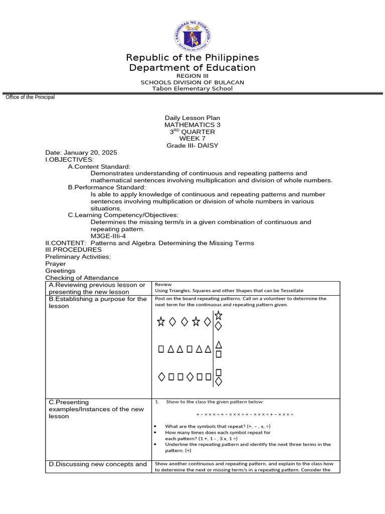 Grade 3 Math Lesson Plans: Patterns & More | PDF | Pattern | Lesson Plan